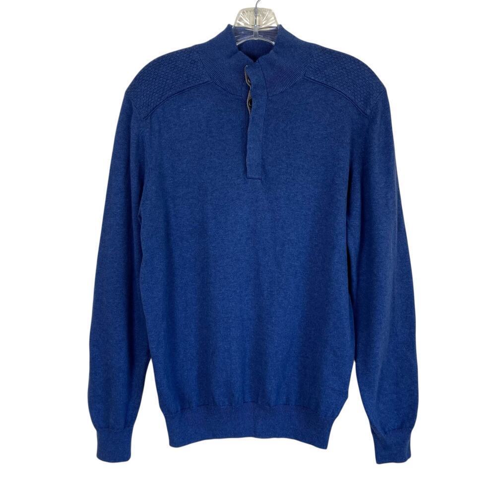 Massimo Dutti Mens Sz M Blue Cotton Cashmere Blend Fine-knit Henley Sweater